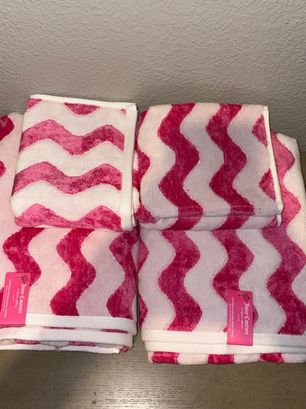 Juicy Couture Pink Wave Towel Set - Two-Tone Pink Chevron Design